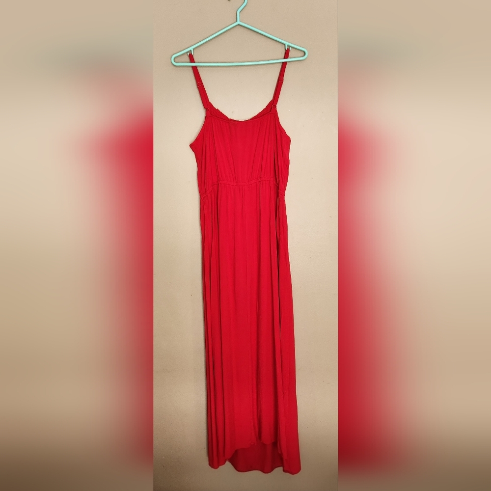 Reitmans Red Knit Maxi Dress Straps Side Slit Elastic Waist Sz M